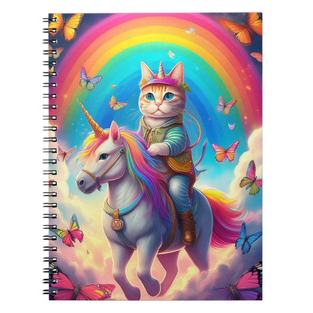 Caderno Espiral Gato Montando Unicórnio com Arco-íris e Borboletas (Frente)