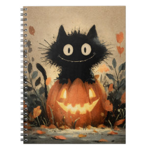 Caderno Espiral Gato Negra Bonito do Halloween em um Jack-o-Lanter