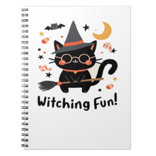 Caderno Espiral Gato Negra Bravo com Vassoura - Halloween Bonito