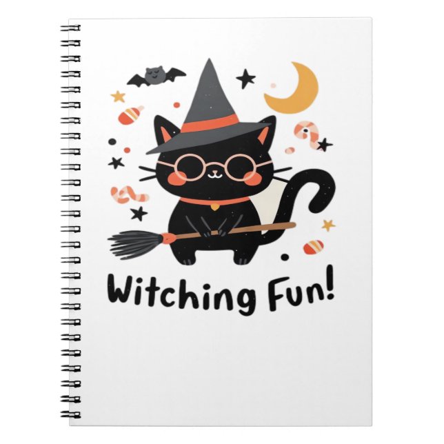 Caderno Espiral Gato Negra Bravo com Vassoura - Halloween Bonito (Frente)