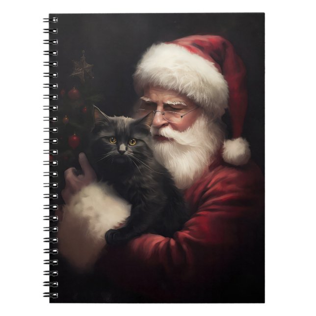 Caderno Espiral Gato Negro com Papai Noel Natal Festivo (Frente)