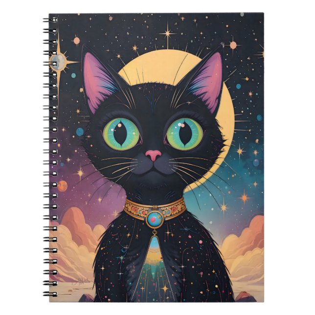 Caderno Espiral Gato Negro Cósmico de Futuro Atômico à Lua (Frente)