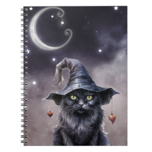 Caderno Espiral Gato Negro de Halloween Vestindo um Chapéu de Brux