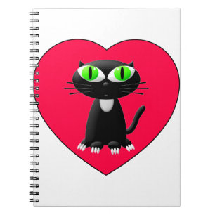 Caderno Espiral Gato Negro Em Coração Vermelho
