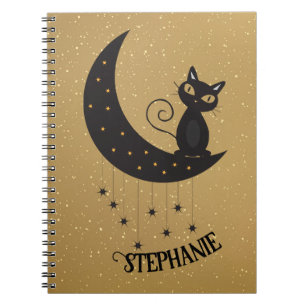 Caderno Espiral Gato Negro Em Estrelas De Lua Crescente Douradas