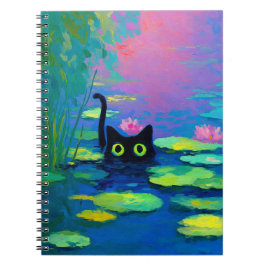 Caderno Espiral Gato Negro Engraçado Nadando Pond | Quirky Art