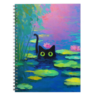 Caderno Espiral Gato Negro Engraçado Nadando Pond | Quirky Art