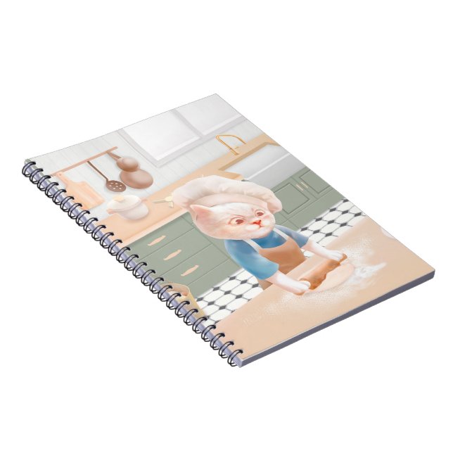 Caderno Espiral Gato no Chef Hat Rolling Dough na Kitchen (Lado Direito)