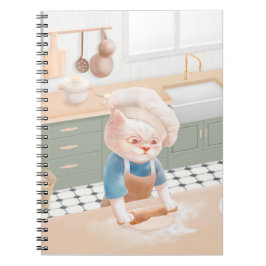Caderno Espiral Gato no Chef Hat Rolling Dough na Kitchen