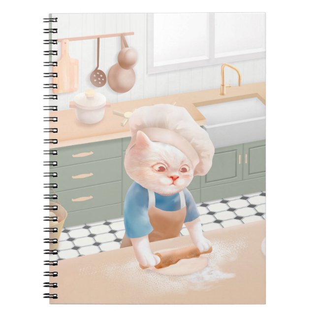 Caderno Espiral Gato no Chef Hat Rolling Dough na Kitchen (Frente)