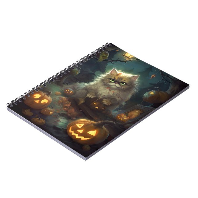 Caderno Espiral Gato Persa do Halloween Com Pumpkins Assustado (Left Side)
