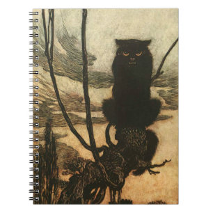 Caderno Espiral Gato Preto Assustador de Halloween Vintage Rackham