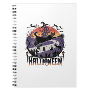 Caderno Espiral Gato Preto Assustador Noite de Halloween Vintage A