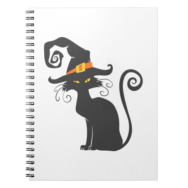Caderno Espiral Gato preto bonito com um chapéu de bruxa - Escolhe (Frente)