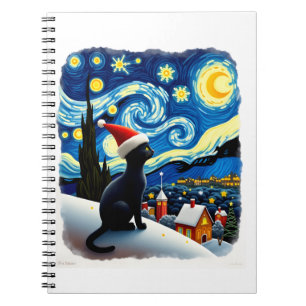 Caderno Espiral Gato Preto com Chapéu de Papai Noel Noturno Festiv