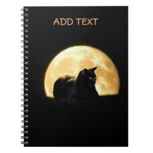 Caderno Espiral Gato preto de descanso contra a Lua cheia