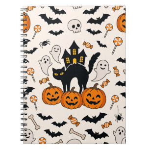 Caderno Espiral Gato Preto de Halloween & Abóbora Casa Assombrada