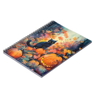 Caderno Espiral Gato Preto de Halloween com Abóboras Assustador