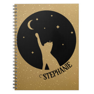 Caderno Espiral Gato Preto De Silhueta Atingindo Lua E Estrelas