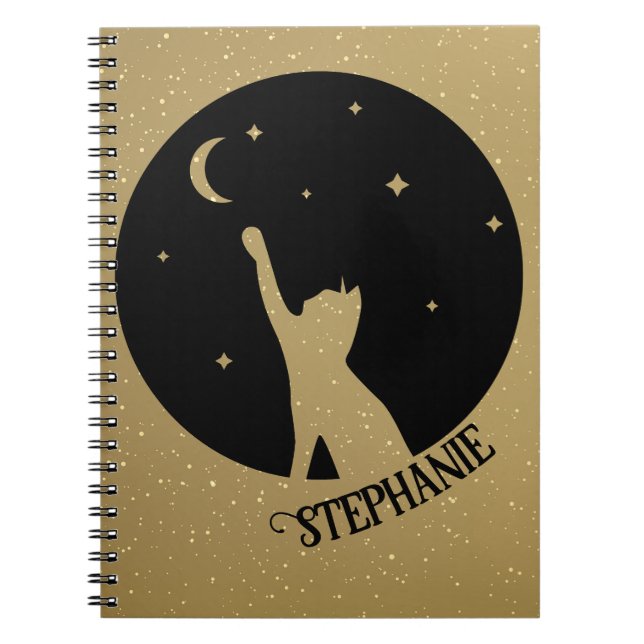 Caderno Espiral Gato Preto De Silhueta Atingindo Lua E Estrelas (Frente)