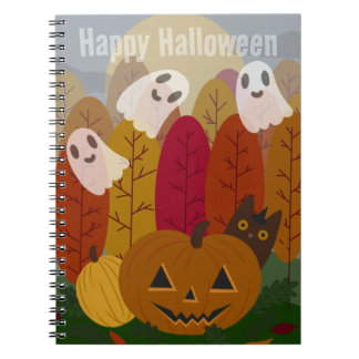 Caderno Espiral Gato Preto e Fantasmas do Halloween de Outono Abób