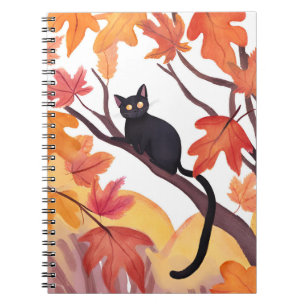 Caderno Espiral Gato Preto em uma Árvore   Outono Espiritual Fofo