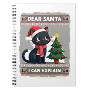 Caderno Espiral Gato Preto Engraçado de Natal Querido Papai Noel,