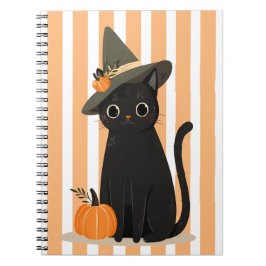 Caderno Espiral Gato Preto Fofo de Halloween com Chapéu de Bruxa e