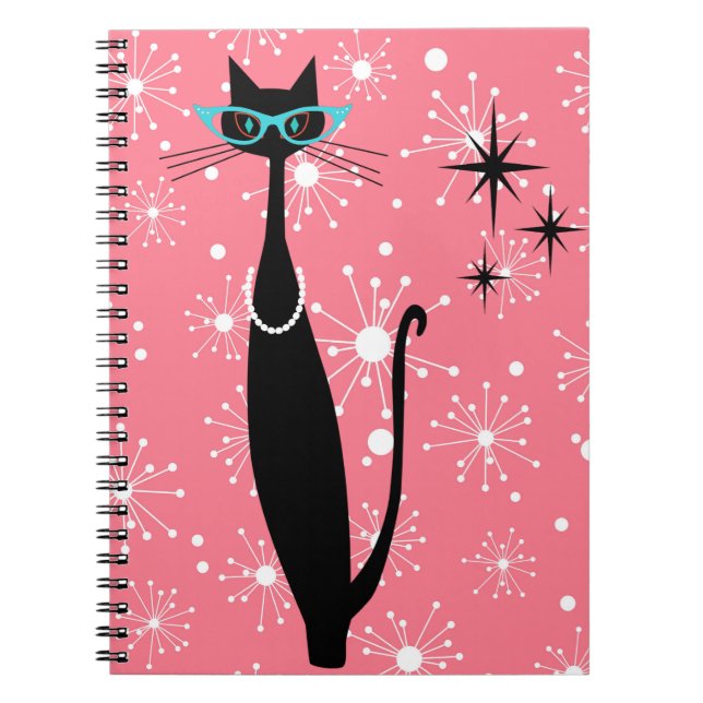 Caderno Espiral Gato Preto MCM Moderno de Meio século da Era Atômi (Frente)
