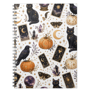 Caderno Espiral Gato Preto Místico Halloween Tarot Celestial 
