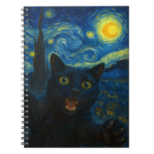 Caderno Espiral Gato Preto Noite Estrelada Van Gogh Gato Selfie