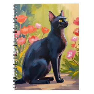 Caderno Espiral Gato Preto Pintura de Flores em Aquarela de Gati