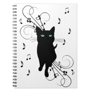 Caderno Espiral Gato Preto Rodeado por Notas Musicais Sussurrantes