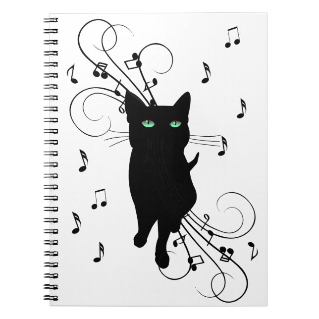 Caderno Espiral Gato Preto Rodeado por Notas Musicais Sussurrantes (Frente)