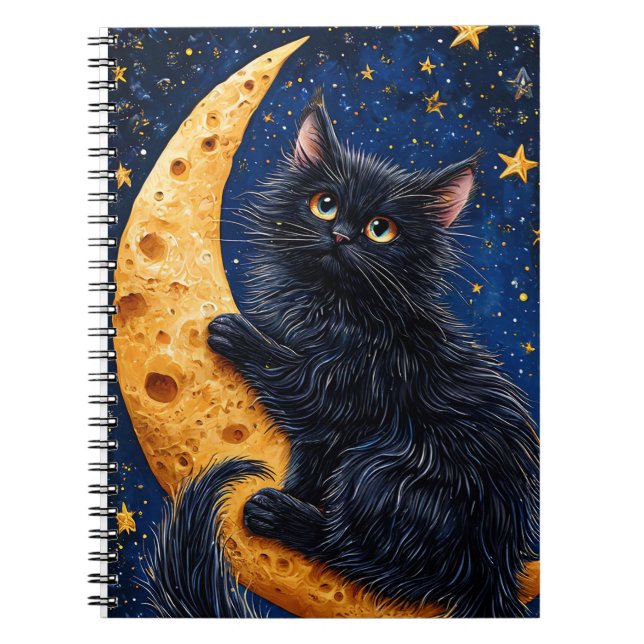 Caderno Espiral Gato Preto Sentado na Lua Crescente (Frente)