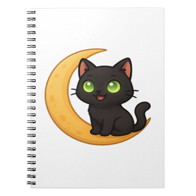 Caderno Espiral Gato Preto Sorridente com Olhos Verdes Brilhantes  (Frente)