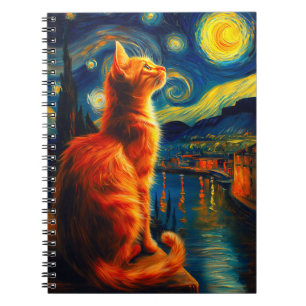 Caderno Espiral Gato Ruivo Contemplativo Céu Noturno Estrelado