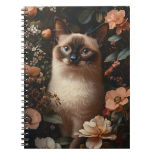 Caderno Espiral Gato Siamês Cercado Por Flores Rosa Escamosas