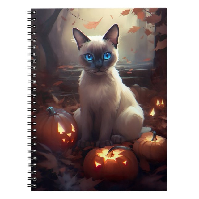 Caderno Espiral Gato Siamês do Halloween Com Pumpkins Assustado (Frente)