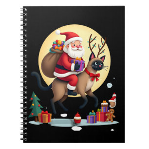 Caderno Espiral Gato Siames do Papai Noel Montando Rena Árvore de