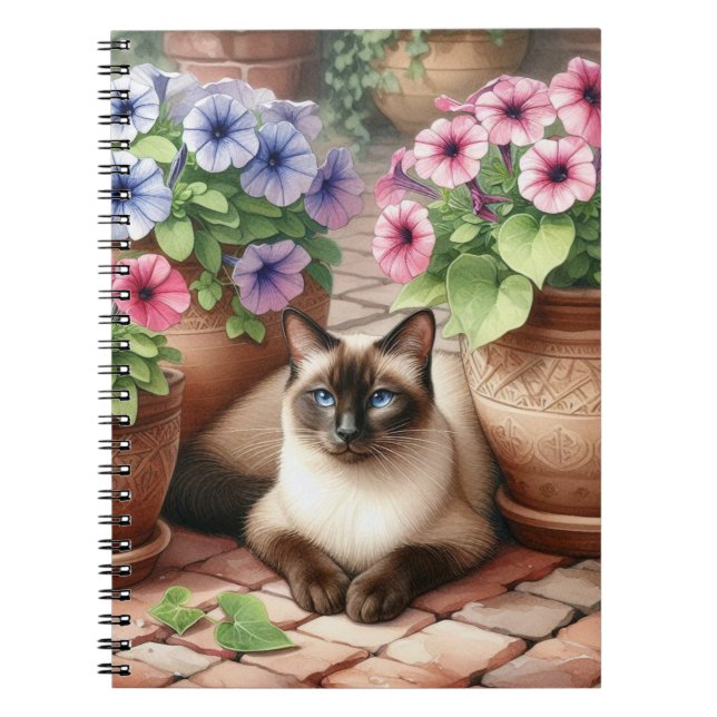 Caderno Espiral Gato Siames e Flores de Petúnia  (Frente)