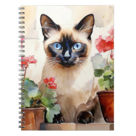 Caderno Espiral Gato Siames Flor Vermelha Caprichoso Fofo Aquarela