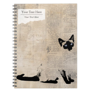 Caderno Espiral Gato Siames no Jornal Retrô, Nome Personalizado