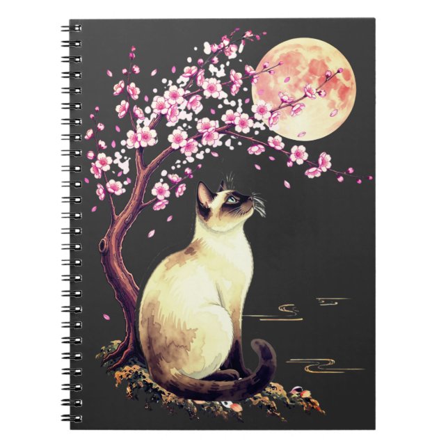 Caderno Espiral Gato Siamesa Sob uma Lua Rosa (Frente)