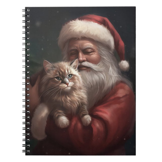 Caderno Espiral Gato Siberiano com Papai Noel Natal Festivo (Frente)