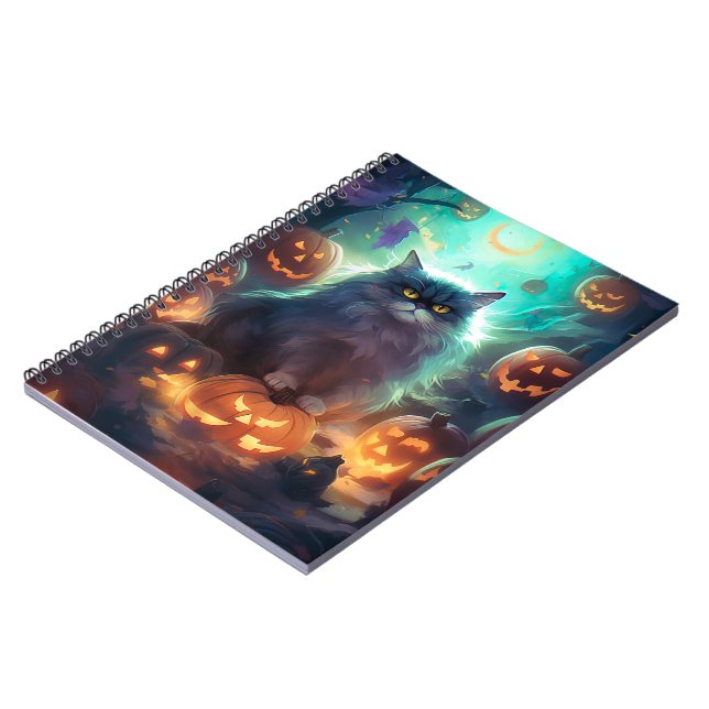 Caderno Espiral Gato Siberiano De Halloween Com Pumpkins Assustado (Left Side)