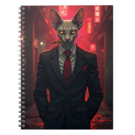 Caderno Espiral Gato Sphynx Neon Noir no Estilo Máfia