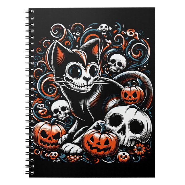Caderno Espiral Gato Spooky com crânios (Frente)