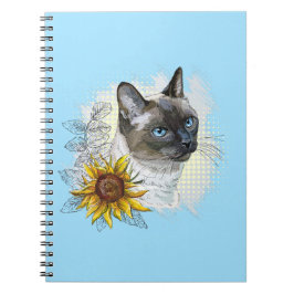 Caderno Espiral Gato tailandês engraçado desenhando mão com flores