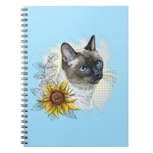 Caderno Espiral Gato tailandês engraçado desenhando mão com flores